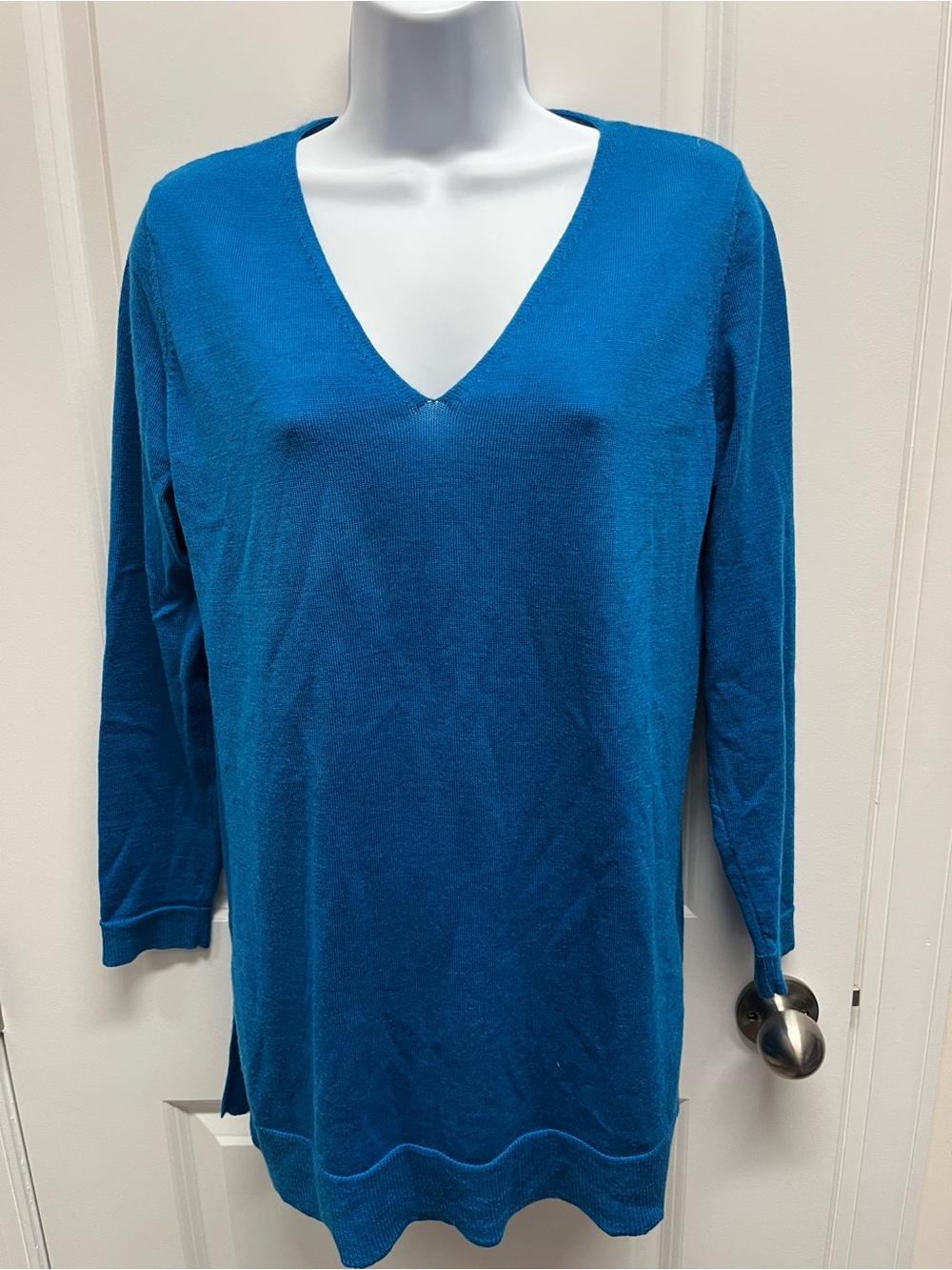 EILEEN FISHER Blue 100% Merino Wool V-Neck Tunic Sweater Italian Yarn Size S